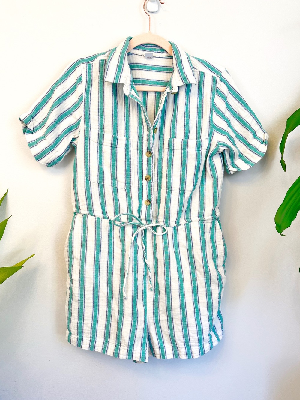Beachy 90’s inspired Button UP Romper, Crinkle Gauze 100% Cotton B3 - Picture 4 of 8
